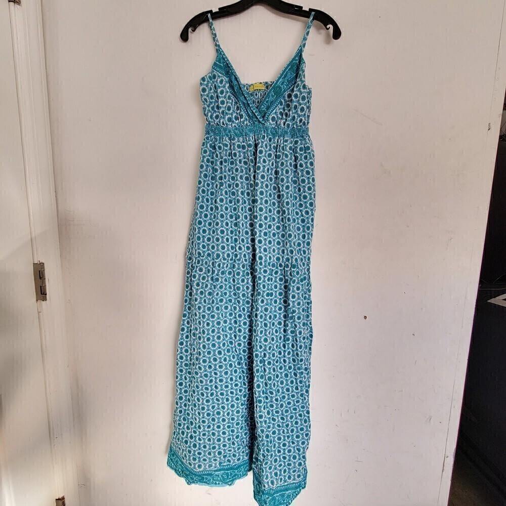 Jack Rogers Teal Blue Paisley Strappy V Neck Maxi Sun Dress Size Small